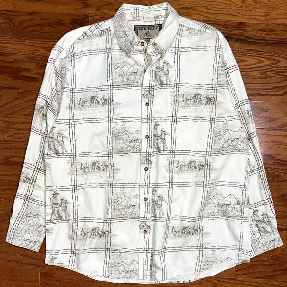 Bit & Bridle Western Cowboy Horse Button Up White Cotton Shirt Size Large - Picture 6 of 15